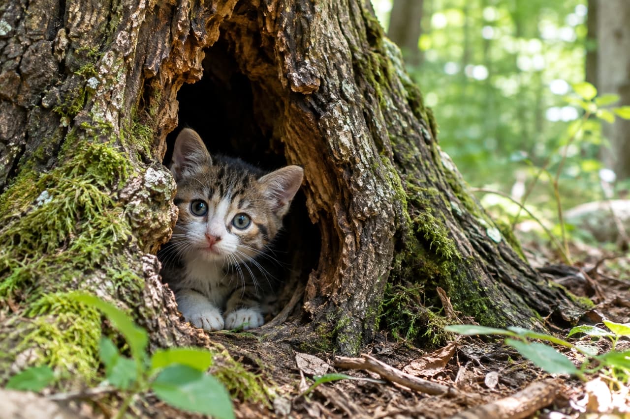 「森の秘密基地からひょっこり冒険へ出発🐾 じっと見つめる大きな瞳に、見ているだけで癒やされますね🌲☀️✨」Ultra-realistic high-quality photograph of an adorable mixed-breed brown tabby and white kitten with wide, blue-green eyes, peeking out from a mossy hollow at the base of an ancient forest tree. Soft natural sunlight filters through the woods, highlighting its delicate whiskers and fluffy fur texture against the deep green background. 苔が生えた古い巨木の根元にある暗い洞の中から、大きな青緑色の澄んだ瞳を持つキジ白の子猫が両前足を揃えてひょっこり顔を覗かせている。奥の木漏れ日が差す深い森を背景に、柔らかな自然光が子猫の繊細なヒゲや柔らかな被毛の質感を際立たせ、神秘的な自然のぬくもりを捉えた高解像度写真
