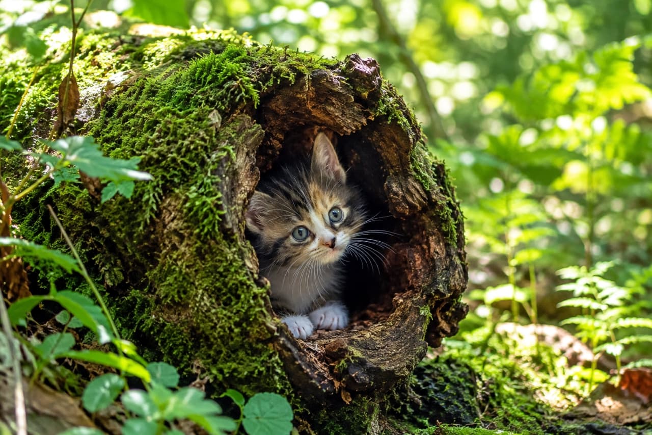 「森の丸太からひょっこり冒険へ出発🐾 澄んだ大きなおめめと目が合ったら、応援のいいねをお願いします🌲☀️✨」Ultra-realistic high-quality photograph of a curious mixed-breed brown tabby and white kitten with luminous blue-green eyes, resting its white paws at the edge of a moss-covered hollow log in a lush forest, bathed in dappled natural sunlight that highlights its fine whiskers and delicate fur texture. 鮮やかな苔にびっしりと覆われた倒木の空洞から、澄んだ青緑色の大きな瞳を持つキジ白子猫が白い前足を揃えて顔を覗かせている。木漏れ日が差し込む深い森の中で、柔らかな自然光が子猫の繊細なヒゲや耳の被毛、瑞々しい苔の質感を鮮明に描き出す高解像度写真