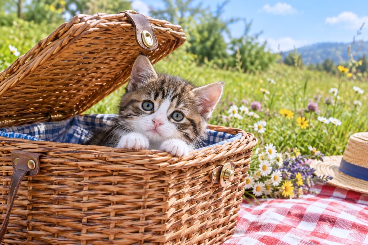 「バスケットからひょっこりこんにちは🧺 晴れた草原でお昼寝かな?おめめが合ったらいいねをお願いします☀️🌿✨」Ultra-realistic high-quality photograph of a curious mixed-breed brown tabby and white kitten with luminous blue-green eyes peeking out of an open wicker picnic basket on a red checkered blanket, accompanied by a straw hat and wildflowers in a sunlit meadow. 晴れた草原の赤白チェックシートの上、開いたピクニックバスケットからキジ白子猫が白い両前足を縁にかけて正面を見つめている。澄んだ青緑色の大きな瞳と柔らかな被毛が自然光に照らされ、右側の麦わら帽子や野花とともに爽やかな情景を捉えた高解像度写真