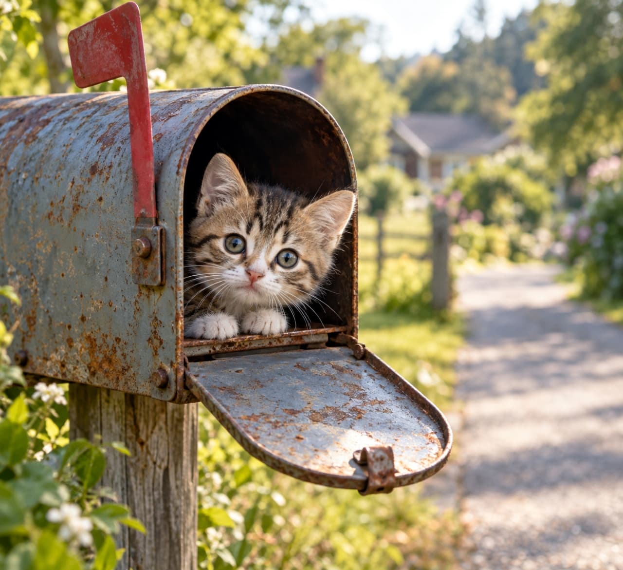 「特別な「お届けもの」を待ってるのかな?📬 錆びたポストから覗く真剣な眼差しに、心が温かくなりますね🐾☀️」Ultra-realistic high-quality photograph of a curious brown tabby and white kitten with large eyes peeking out of an old, rusted metal mailbox with its white paws resting on the edge. The kitten looks down a rural driveway under soft afternoon light, with lush greenery and a house softly blurred in the background. 午後の柔らかな光の中、錆びついた古い金属製の郵便受けから、大きな瞳を持つキジトラ白(ブラウンタビー&ホワイト)の子猫が白い両前足を縁にのせて顔を覗かせている。背景には緑豊かな田舎の私道と家が穏やかにボケて広がり、何かをじっと待っているような物語を感じさせる高解像度写真