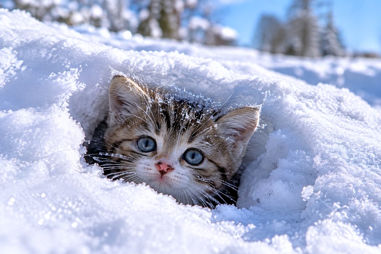 「雪の穴からひょっこりこんにちは🐾 霜のついたおヒゲと輝くおめめに癒やされたら、いいねをお願いします❄️☀️✨」Ultra-realistic high-quality photograph of an adorable brown tabby and white kitten peeking out from a small hole in crisp, white snow. Clear winter sunlight illuminates its delicate, frosty whiskers, snow-dusted fur, and luminous blue-green eyes against a bright snowy landscape. 澄み切った冬の陽光が降り注ぐ中、真っ白な雪の穴からキジ白の子猫が顔をひょっこり覗かせている。凍りついた白いヒゲや耳の毛先に微細な雪の結晶がキラキラと輝き、透き通るような青緑色の大きな瞳が正面を見つめる。一面の銀世界と青空を背景に、寒さの中で際立つ被毛の柔らかさと無垢な表情を鮮明に捉えた高解像度写真