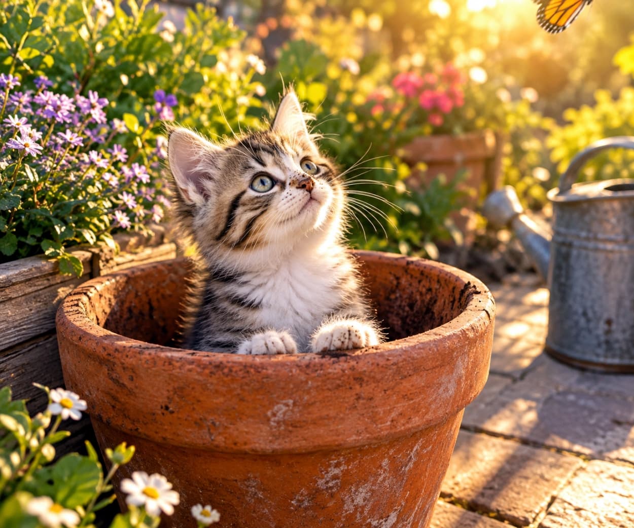 「植木鉢からひょっこり見つめる先には…?🦋 お鼻の泥んこに癒やされたら応援のいいねをお願いします🐾☀️🌻」Ultra-realistic high-quality photograph of an adorable brown tabby and white kitten sitting inside an empty terracotta flower pot on a sunlit garden patio. With a cute smudge of dirt on its nose and wide blue-green eyes, it rests its tiny white paws on the rim and gazes up at a butterfly fluttering just out of frame, beautifully illuminated by warm golden hour sunlight highlighting its fluffy fur, delicate whiskers, and surrounding wildflowers. 夕暮れの温かな光が差し込む庭のパティオで、空のテラコッタ植木鉢の中からキジ白の子猫が白い両前足を縁に掛け、画面右上の蝶を好奇心いっぱいに見上げている。鼻先にちょこんとついた愛らしい土汚れ、澄んだ青緑色の大きな瞳と繊細なヒゲ、夕日に黄金色に輝くふわふわの被毛が鮮明に際立つ。周囲には紫や白の可憐な小花が咲き誇り、奥の金属製ジョウロとともに温もりあふれるガーデンの情景を捉えた高解像度写真