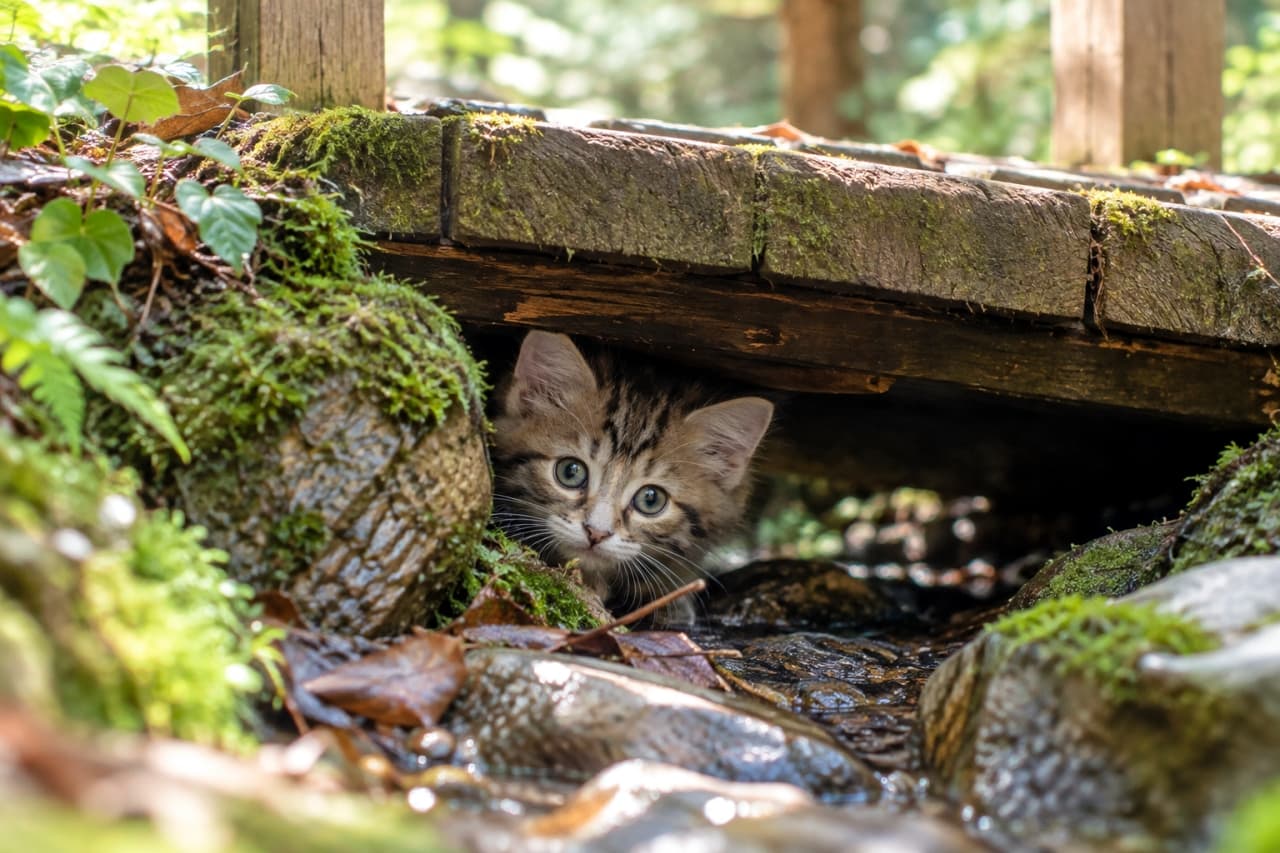 「森の小さな橋の下からひょっこり冒険中🐾 澄んだ大きなおめめと目が合ったら、応援のいいねをお願いします🌿✨」Ultra-realistic high-quality photograph of an adorable brown tabby kitten with luminous blue-green eyes peeking from under a mossy wooden bridge over a shallow forest stream. Soft dappled sunlight illuminates the lush greenery, glistening wet stones, and the kitten's detailed fur and delicate whiskers. 木漏れ日が差し込む深い森の中、苔むした丸石と小さな木製橋の隙間から、澄んだ青緑色の瞳を持つキジトラの子猫が顔を覗かせている。手前の小川のせせらぎや濡れた岩が柔らかな光に反射し、影の中から好奇心いっぱいに正面を見つめる柔らかな被毛と繊細なヒゲを克明に捉えた高解像度写真