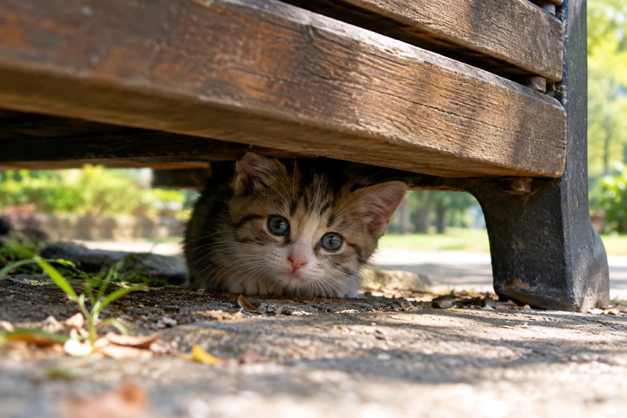 「ベンチの下からひょっこりこんにちは🐾 まんまるおめめと目が合ったら、応援のダブルタップをお願いします☀️🍂」Ultra-realistic high-quality photograph of a curious mixed-breed brown tabby and white kitten with wide, blue-gray eyes crouching low and peeking out from under a rustic wooden park bench, illuminated by soft afternoon sunlight filtering onto the ground and fallen leaves. 緑豊かな公園の木製ベンチの下から、澄んだ青みがかった瞳を持つキジ白の子猫がペタッと低く伏せて正面をじっと覗き込んでいる。午後の柔らかな木漏れ日がベンチの素朴な木肌や落ち葉、子猫の細やかな被毛の質感を優しく照らし、秘密の隠れ場所から好奇心いっぱいに見つめる姿を鮮明に捉えた高解像度写真