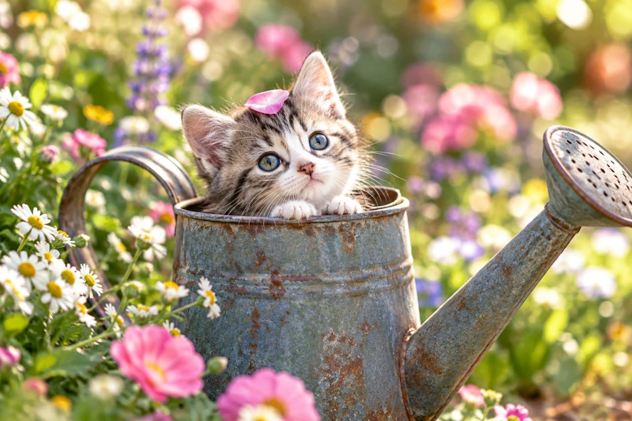 「じょうろからひょっこり頭にお花を咲かせてご挨拶🐾 澄んだ大きなおめめに癒やされたらいいねをお願いします🌸☀️✨」Ultra-realistic high-quality photograph of a sweet brown tabby and white kitten with a single pink flower petal on its head, peeking out of a rustic, weathered metal watering can in a sunlit garden. The kitten gazes upward with wide blue-green eyes while resting its white paws on the rim, beautifully illuminated by soft natural light against a dreamy bokeh of blooming pink and white flowers. 色とりどりの花が咲き誇る庭園で、サビの浮いたアンティーク調の金属製じょうろの中から、頭にピンクの花びらを1枚のせたキジ白の子猫がひょっこり顔を覗かせている。澄んだ大きな青緑色の瞳で斜め上を見つめ、白い両前足をじょうろの縁にかけた無邪気な姿。温かな自然光が柔らかな被毛や繊細なヒゲを美しく照らし、背景の豊かな花のボケ味とともに幻想的な春の情景を鮮明に捉えた高解像度写真