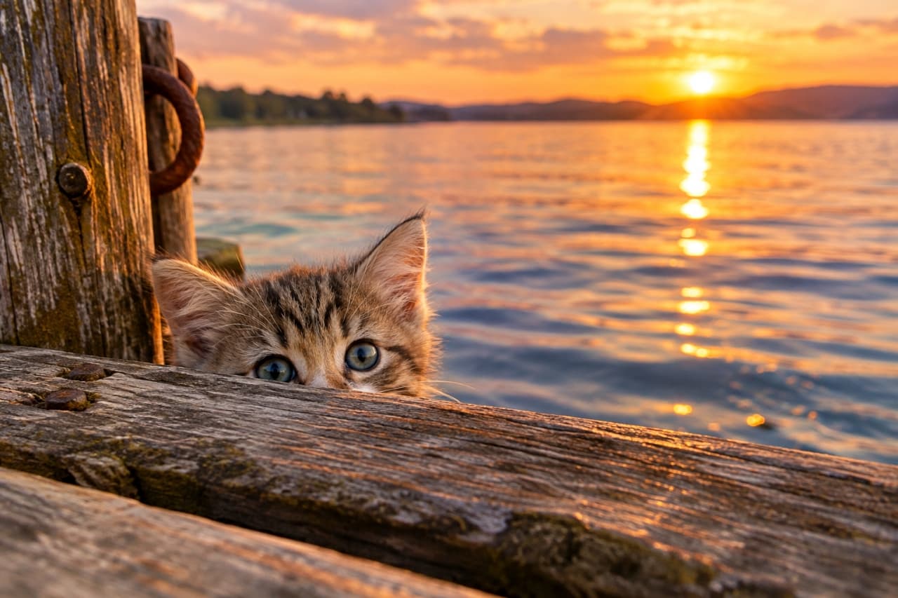 「夕日の湖畔でひょっこりご挨拶🐾 黄金色に輝く水面と大きなおめめに、心がじんわり温まりますね🌅✨」Ultra-realistic high-quality photograph of a curious brown tabby kitten with luminous blue-green eyes peeking over the weathered wooden planks of a lakeside pier, with a rustic mooring post and rusty iron ring on the left. The scene is warmly illuminated by the radiant golden light of a setting sun reflecting across the gentle ripples of the lake. 夕暮れの湖畔の桟橋で、錆びた金具がついた木製の杭と古びた板の隙間から、キジトラの子猫が顔の上半分をひょっこり覗かせている。澄んだ青緑色の大きな瞳と柔らかな被毛が、オレンジ色に輝く夕日の光に照らされ、静かな水面に沈む夕日と穏やかなさざ波が美しい情景を捉えた高解像度写真