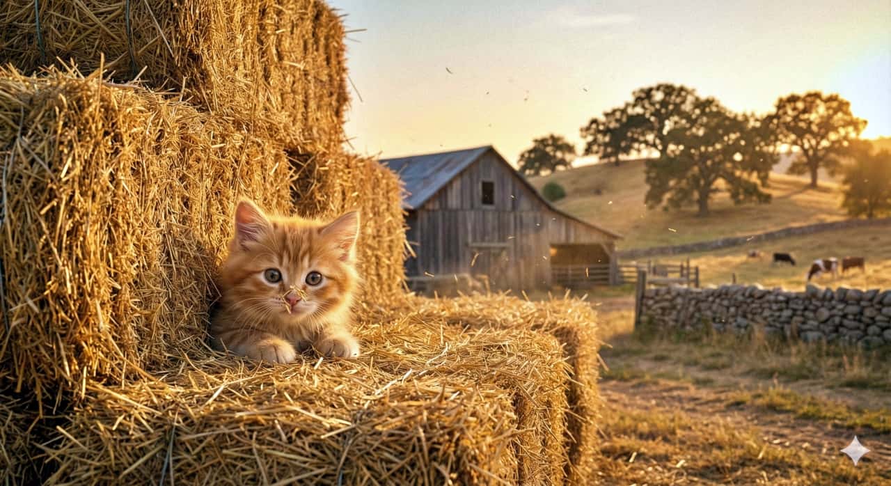 「干し草のベッドで、ほっこり♡ 夕陽に染まる子猫の田舎時間！」Ultra-realistic image of a fluffy orange kitten nestled in a golden haystack, with a straw on its face, set against a warm rural landscape at sunset featuring a barn, grazing cows, and rolling hills. 夕暮れの田舎風景の中、黄金色の干し草の山にうずくまるふわふわの茶トラ子猫。顔に一本の藁をつけ、納屋や放牧された牛、なだらかな丘が広がる温もりある超リアルな描写