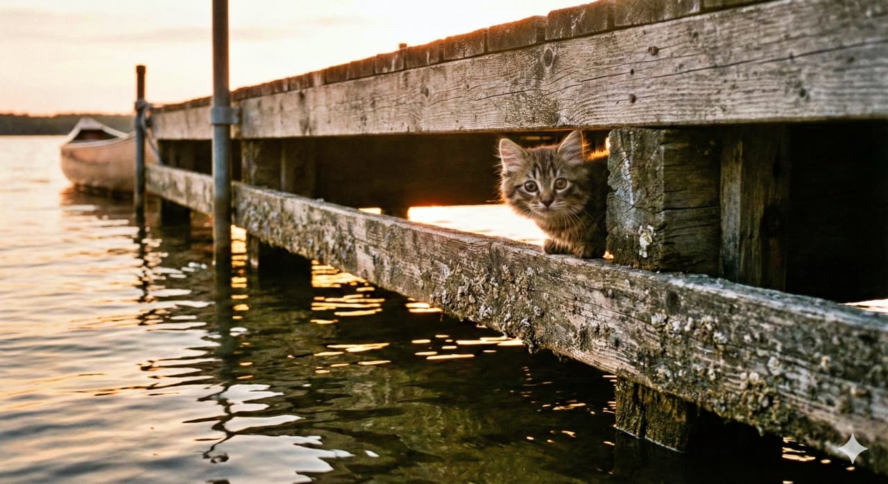 A small tabby kitten peeks through the gap between weathered wooden planks on a lakeside pier. Soft ripples shimmer across the water, illuminated by the warm glow of the sunset, creating a tranquil and curious moment. 古びた木製の桟橋の隙間から、キジトラの子猫がそっと顔をのぞかせている。夕日の暖かな光に照らされて、水面には柔らかなさざ波が広がり、静けさと好奇心が交差する情景が描かれている