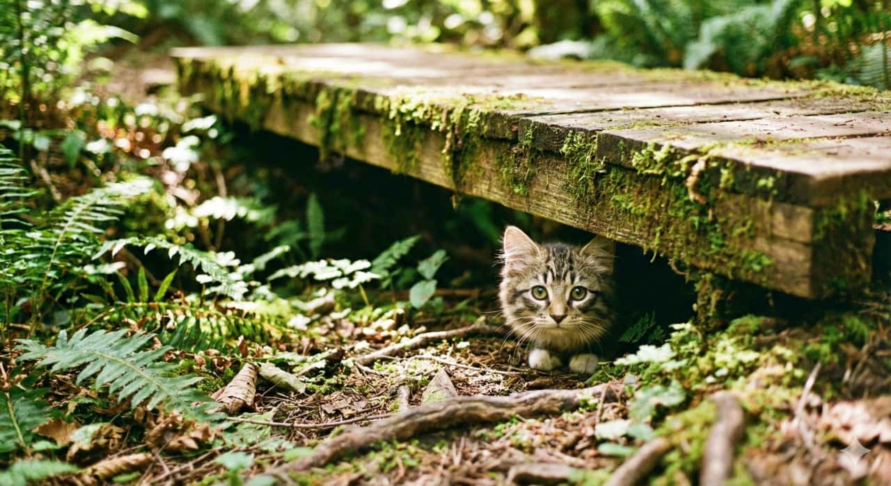 A small tabby kitten peeks out with curious eyes from beneath a mossy wooden footbridge in a forest. Surrounded by lush greenery and bathed in soft natural light, the scene evokes a quiet moment of woodland wonder. 森の中の苔むした木製の小さな橋の下から、キジトラの子猫が好奇心いっぱいの目で顔をのぞかせている。柔らかな自然光に包まれ、緑豊かな風景が静かな森の魅力を映し出している