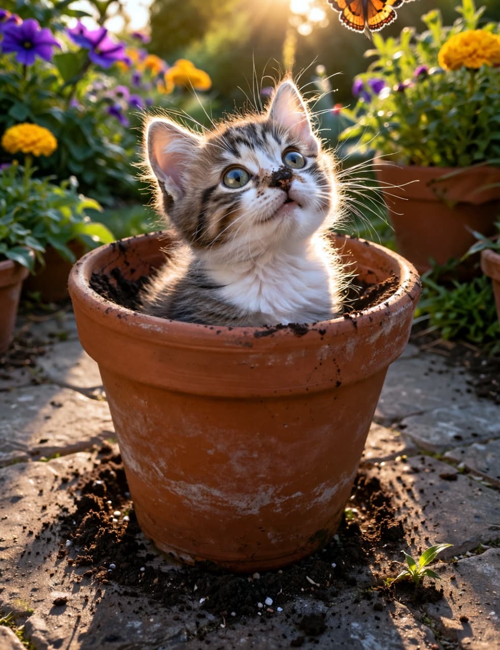「お庭で見つけた奇跡の1枚🐈✨植木鉢ですっぽり収まるキジトラちゃん、可愛すぎて無理！ #ガーデニング #猫 #子猫」Ultra-realistic high-quality photograph of a small tabby kitten with green eyes, sitting snugly inside a terracotta flower pot filled with soil in a beautiful garden at sunset. The kitten is looking upward, its fur backlit by the warm, golden evening light. The pot is surrounded by other potted flowers like marigolds and petunias on a stone path. Soil is scattered on the ground around the pot. 夕暮れの美しい花が咲く庭園で、土の入ったテラコッタの植木鉢の中に、超リアルなキジトラの子猫がすっぽりと収まり、上を見上げている。子猫の瞳は緑色で、夕日の逆光がその毛並みを輝かせている。周囲にはマリーゴールド、ペチュニアなどの鉢植えが並び、背景には暖かく柔らかい光が差し込んでいる。植木鉢の周囲の石畳には土がこぼれている