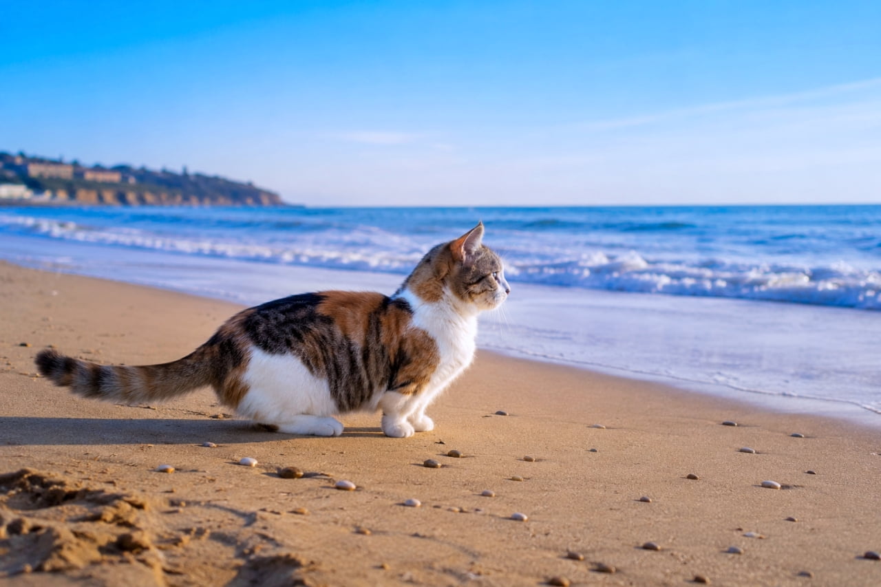 「潮風を感じながら海を眺めるマンチカンちゃん🏖️ 短いお手てでお座りする後ろ姿が愛おしい💕 #猫とお出かけ #マンチカン」Ultra-realistic high-quality photograph of a calico Munchkin cat sitting on a sandy beach looking at the ocean under a clear blue sky. 晴れ渡った青空の下、波打ち際の砂浜にお座りをして海を眺めている三毛柄のマンチカン。高品質でリアルな写真