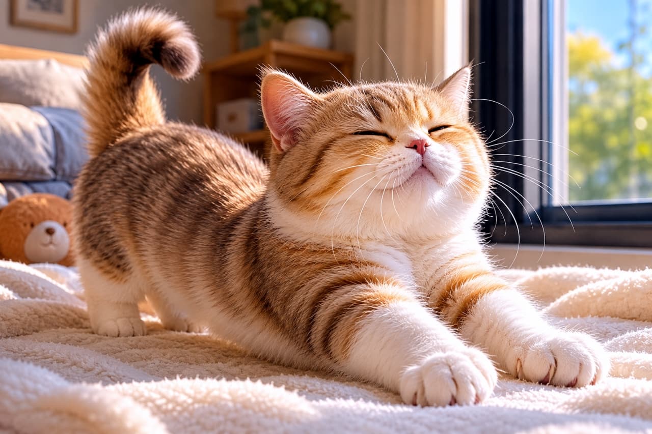 「お日様の匂いがするベッドで、ん〜っ!🌞 短いお手々で一生懸命伸びる姿に癒やし効果絶大です💯 #マンチカン #猫のいる暮らし」Ultra-realistic high-quality photograph of a ginger and white Munchkin cat stretching happily with closed eyes on a cozy blanket illuminated by warm sunlight near a window. 窓から陽光が降り注ぐベッドの毛布の上で、短い手足を伸ばして目を細め、幸せそうに伸びをする茶白のマンチカン