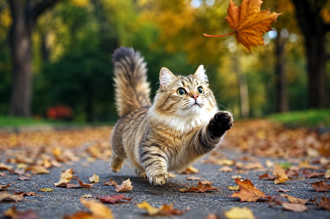 「落ち葉キャッチ、大成功!?🍁✨ 秋のお散歩は楽しいことがいっぱいだね🐾 #マンチカン #秋の風景 #アクティブ猫」Ultra-realistic high-quality photograph of a longhaired tabby Munchkin cat jumping and reaching for a falling red autumn leaf in a park. 秋の公園で、宙を舞う赤い落ち葉に向かって短い前足を伸ばしてジャンプする、長毛のキジトラ柄マンチカン