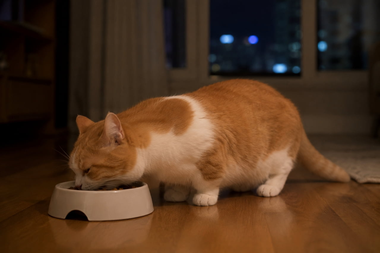 「もぐもぐタイム中😋 夜景をバックにご飯を食べるマンチカンちゃんの、短い足がたまらないですね🌙🐾 #マンチカン」Ultra-realistic high-quality photograph of a ginger and white Munchkin cat eating from a white bowl in a dimly lit room with city night lights blurred in the background. 夜の薄暗い室内で、白いボウルに入ったキャットフードを食べている茶白のマンチカン。背景には窓外の夜景のボケが見える