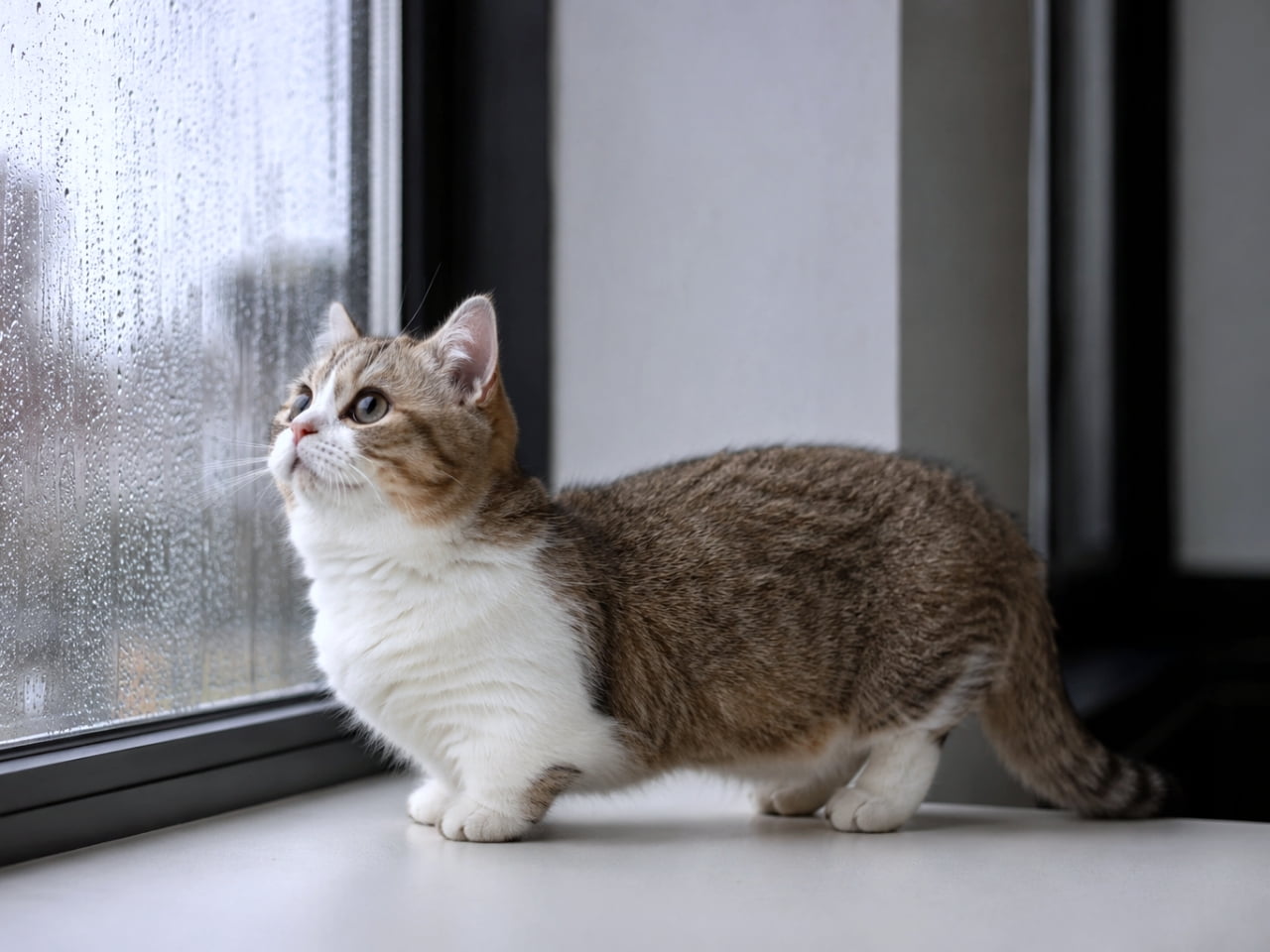 「雨粒、不思議だにゃ〜💧 お外に出られない日は、窓辺でまったり過ごそうね🐾 #マンチカン #雨の日 #猫のいる暮らし」Ultra-realistic high-quality photograph of a tabby and white Munchkin cat standing on short legs, looking out a window covered in raindrops. 水滴がついた窓ガラス越しに外の景色を見上げる、キジ白のマンチカン。少しアンニュイな雰囲気の室内写真