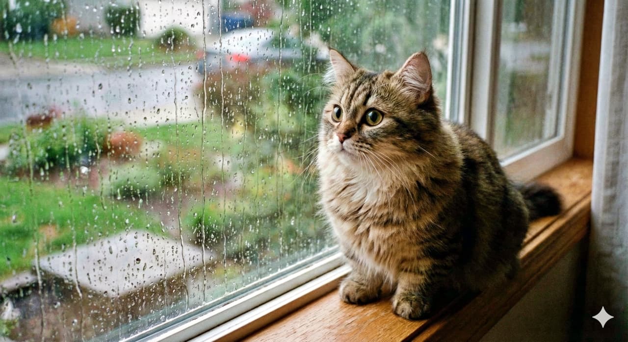 A photorealistic Munchkin cat with a fluffy tabby coat sits on a wooden windowsill, gazing at raindrops on the glass. The cat’s green eyes reflect the soft light of a rainy day, with a blurred garden visible outside. ふわふわのタビー柄を持つマンチカン猫が木製の窓辺に座り、窓に落ちる雨粒を見つめている。緑の瞳に雨の日の柔らかな光が映り込み、外にはぼんやりとした庭の景色が広がる