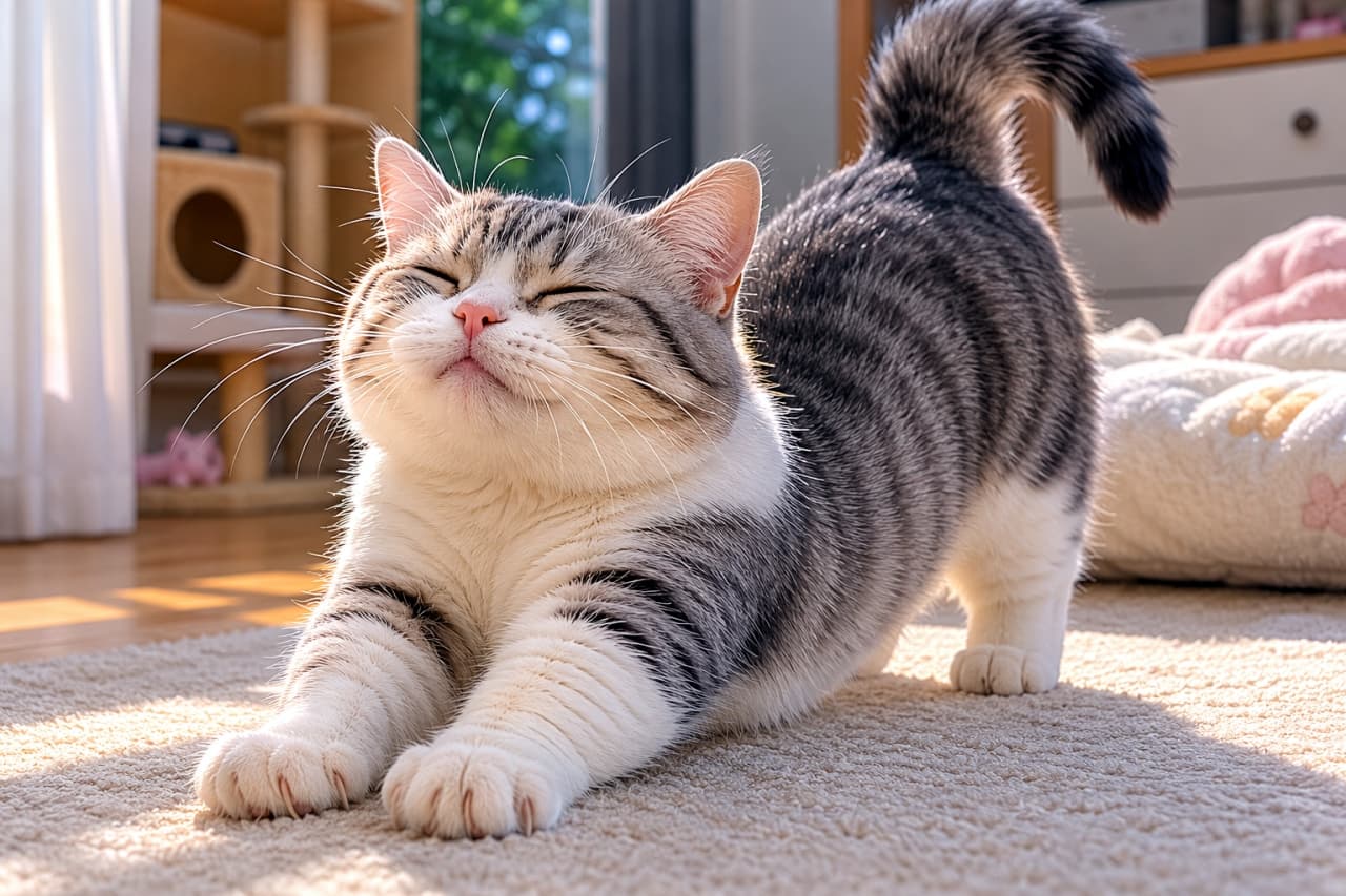 「んーーーっ!🐾 朝の陽だまりで気持ちよさそうに伸びるマンチカンちゃん。今日も1日頑張れそう☀️ #マンチカン #猫のいる暮らし」Ultra-realistic high-quality photograph of a silver tabby and white Munchkin cat doing a big front stretch with closed eyes on a carpet in bright morning sunlight. 朝の明るい日差しが差し込む部屋のカーペットの上で、目を細めて気持ちよさそうに大きく前屈みの伸びをするサバ白のマンチカン