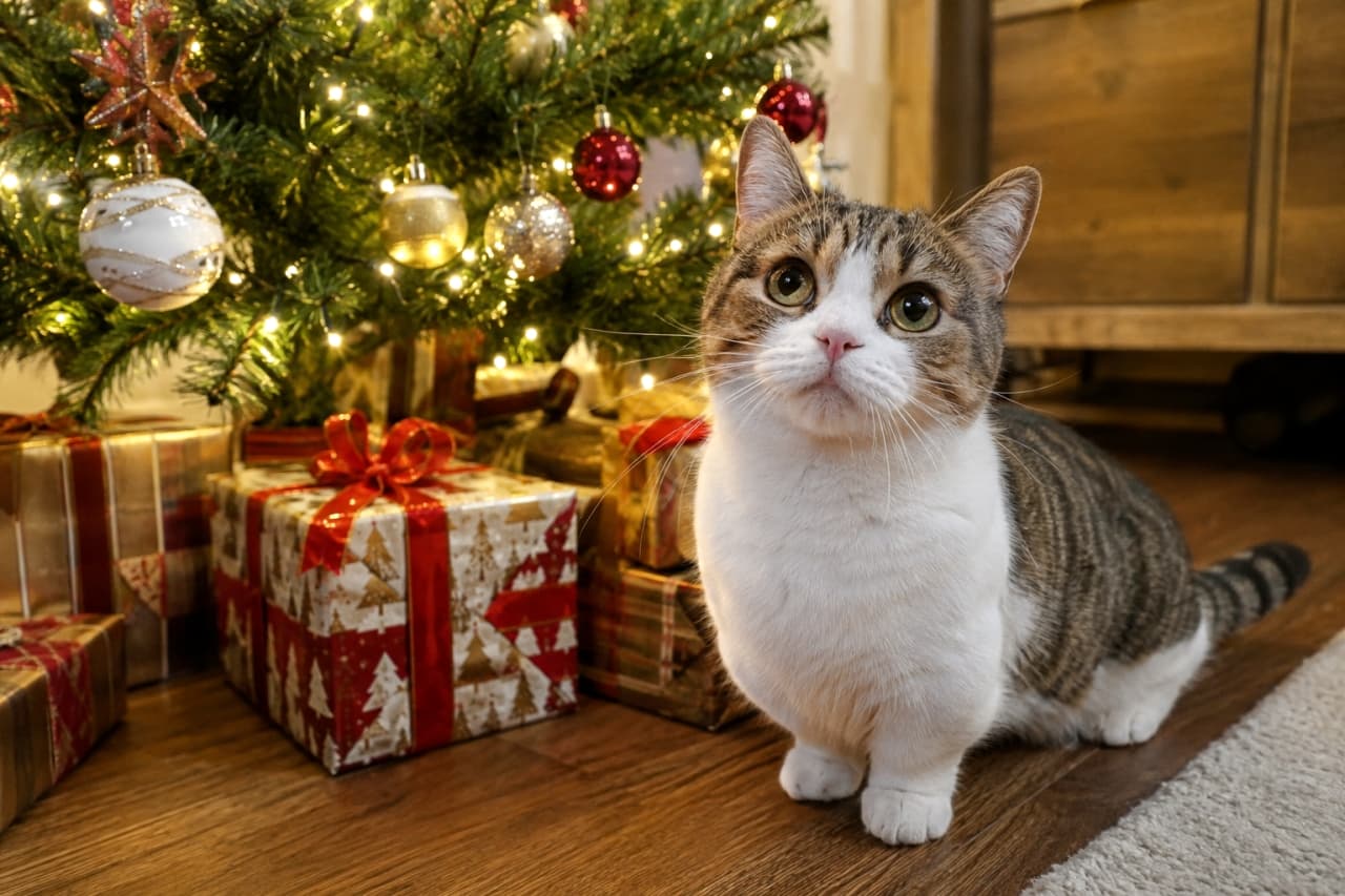 「サンタさんまだかな?🎅 ツリーの下でプレゼントを待つマンチカンちゃん。キラキラのお目々が可愛すぎ✨ #クリスマスの準備 #マンチカン #猫のいる暮らし」Ultra-realistic high-quality photograph of a cute Munchkin cat sitting next to wrapped presents under a warmly lit Christmas tree. 輝くイルミネーションとオーナメントが飾られたクリスマスツリーの下で、プレゼントボックスの横にちょこんと座って見上げるマンチカン。高品質でリアルな写真