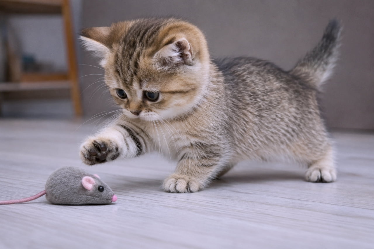 「ネズミさん、えいっ🐾✨ 一生懸命に短い手を伸ばす姿がたまらない!💕 #マンチカン #子猫 #猫のいる暮らし」Ultra-realistic high-quality photograph of a brown tabby Munchkin kitten reaching out with its short paw to a gray toy mouse on a wooden floor. グレーのネズミのおもちゃに向かって短い前足を伸ばす、茶トラ柄のマンチカンの子猫。明るい室内とフローリングの床
