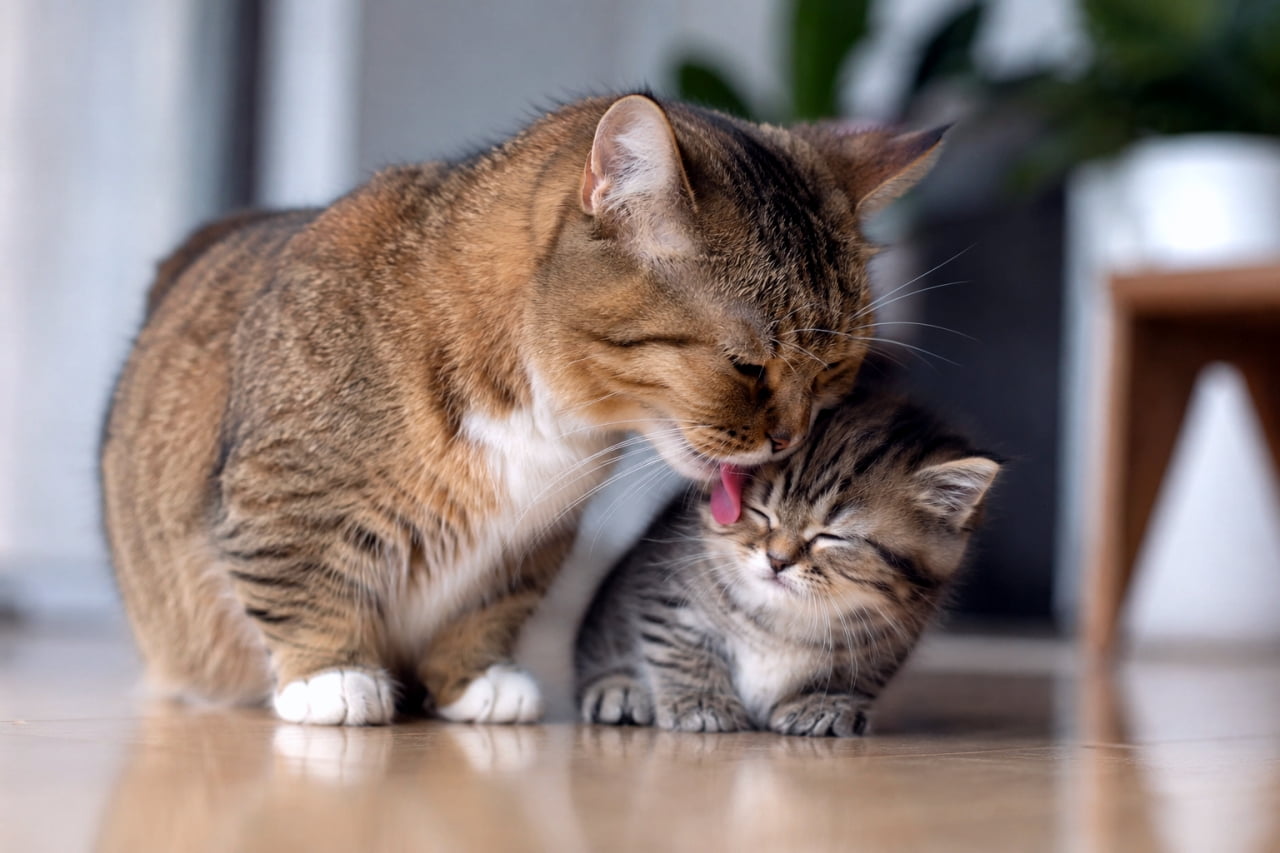 「ママの毛づくろい、最高にゃん🐱💖 愛情たっぷりのマンチカン親子の姿に、思わず笑顔になっちゃいますね✨」Ultra-realistic high-quality photograph of a loving munchkin mother cat tenderly grooming her small kitten, who has its eyes closed in pure bliss. 室内で、マンチカンの親猫が目を閉じて気持ちよさそうにしている子猫の頭を優しく舐めてグルーミングしている、愛情あふれる写真