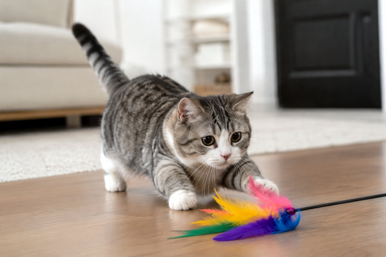「獲物は逃さないにゃ!🐱💨 短いおててで一生懸命おもちゃを狙うマンチカンの姿がたまらなくキュート🌈」Ultra-realistic high-quality photograph of a playful munchkin cat with silver tabby and white fur pouncing on a colorful feather toy indoors. 室内で、カラフルな羽根のおもちゃに短い前足を伸ばして飛びかかろうとしている、サバトラ白のマンチカン。躍動感のある高品質な写真