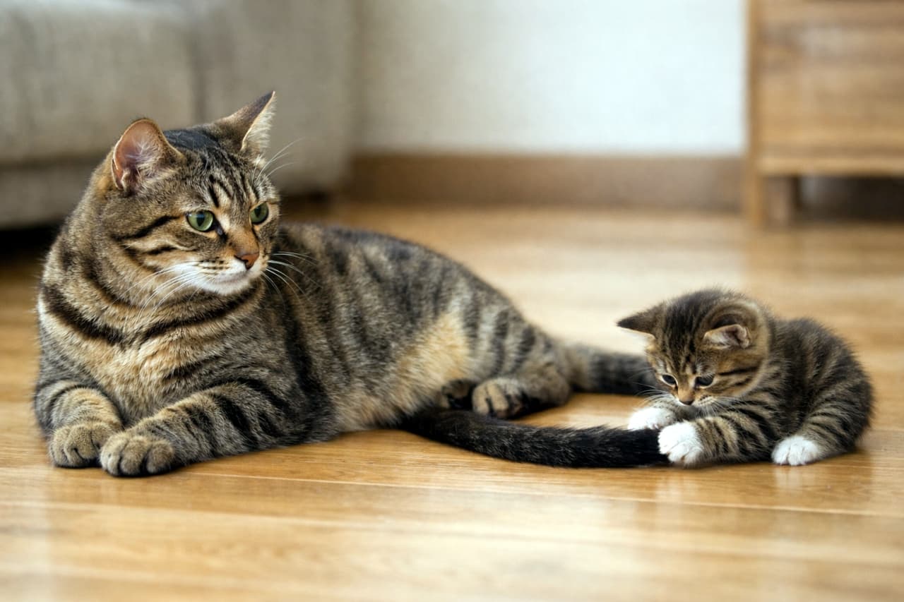 「ママがこっち見てる気がするけど…気のせいにゃ！このしっぽはボクのものっ😼 #親子猫 #やんちゃ #靴下猫 #猫のいる暮らし #子猫 #キジトラ」An ultra-realistic high-quality photograph capturing an adult tabby cat giving a sharp, watchful side-glance to its tabby kitten, who is intensely focused on holding the mother's tail on a polished wooden floor. The composition delivers a high-contrast and dramatic narrative. 光沢のある木製フローリングの上。左側に凛々しい顔立ちのキジトラ成猫が伏せをして、少し鋭い視線を右側に向けています。右側には、その成猫の長いしっぽを両前足でぎゅっと押さえ込み、じっと見つめているキジトラ白の子猫が伏せており、室内はシックで落ち着いたトーンに包まれています