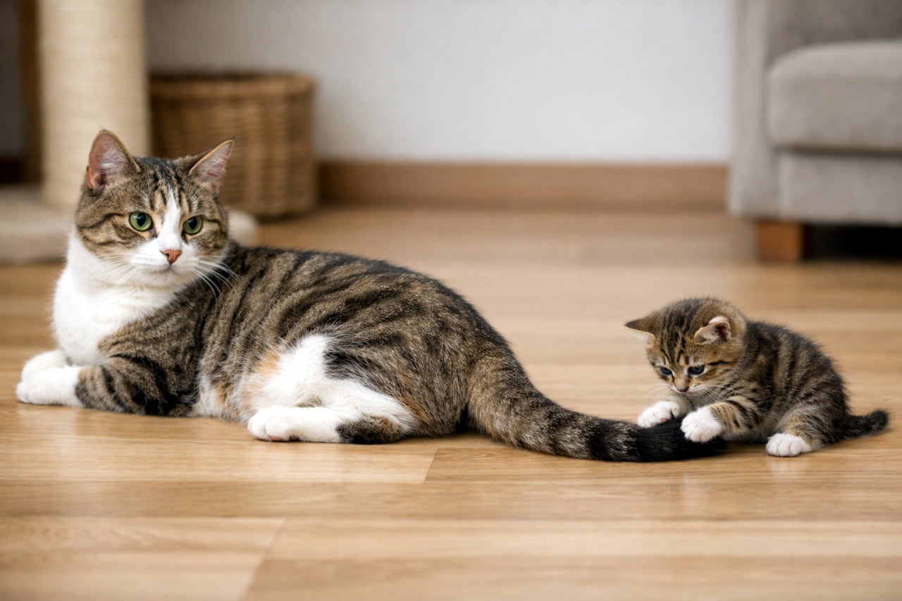 「このしっぽ、ボクがしっかりキープしたにゃ！離さないんだからっ🐾 #靴下猫 #いやし #猫のいる暮らし #子猫 #キジトラ」An ultra-realistic high-quality photograph showing a relaxed bicolor tabby cat resting on a bright wooden floor, while a cute tabby kitten with white paws handles the mother's tail on the right. The clean interior features a scratching post and sofa blurred in the background under soft daylight. 明るい色のフローリングの上、左側に美しいグリーンの瞳を持ったキジ白（バイカラータビー）の成猫がリラックスして横たわっています。右側には、白い靴下を履いたような前足が可愛いキジトラ白の子猫が、成猫のしっぽを両手で丁寧に捕まえて見つめており、背景にはキャットタワーの麻縄やベージュのソファがスッキリと収まっています