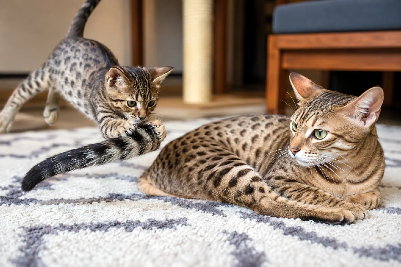 「「えっ、誰のしっぽ!?」空飛ぶしっぽをキャッチするベンガルの子猫ちゃん🐆💨 躍動感がすごい! #猫 #オシキャット #猫のいる暮らし #子猫」Ultra-realistic high-quality photograph of Ocicats playing in a warm living room with a geometric carpet. A beautifully rosetted adult cat lies down looking back, while a dynamically leaping kitten catches a completely detached, floating tail mid-air with its claws. A cat tree is visible in the background. 幾何学模様のカーペットが敷かれた温かみのあるリビングで遊ぶオシキャットの親子。美しいロゼット模様を持つ成猫はリラックスして伏せながら後ろを振り返り、躍動的にジャンプした子猫は、空中に完全に分離して浮いている(ちぎれた)不自然なしっぽを前足と鋭い爪でキャッチしている。背景にはキャットタワーが見える