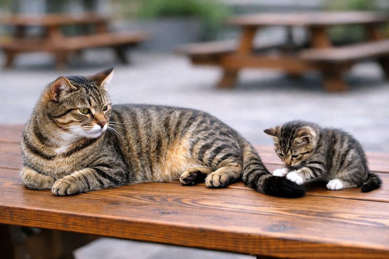 「お外の風が気持ちいいにゃ〜大好きなママのしっぽと一緒にピクニック🐾 #外猫 #ピクニック #靴下猫 #いやし #猫のいる暮らし #子猫 #キジトラ」An ultra-realistic high-quality photograph of a tabby cat family on an outdoor wooden picnic bench. The adult tabby rests on the left with a candy gaze, while its mini-me tabby kitten on the right meticulously plays with the end of the tail, surrounded by a softly blurred outdoor park background. 屋外のウッドデッキ風の木製ベンチの上。左側に横たわる、野性味溢れるシャープな縞模様のキジトラ成猫が、右側を静かに見つめています。その視線の先（右側）では、同じく美しい縞模様を持つ小さなキジトラ子猫が、成猫のしっぽの先を前足でツンツンと触って遊んでおり、背景には公園のピクニックテーブルが美しくボケています