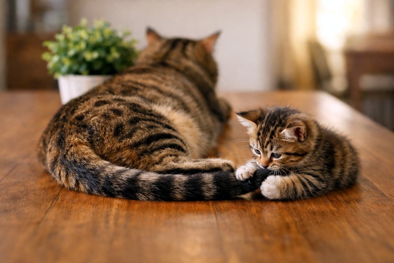 「あ、ママ油断してるにゃ？しっぽ、ガブッといっちゃうもんね〜！にししっ😼 #いたずらっ子 #猫好きさんとつながりたい #猫のいる暮らし #子猫 #キジトラ」An ultra-realistic high-quality photograph of a playful tabby kitten biting and holding the tip of a relaxed adult tabby cat's tail with both paws on a wooden surface. The scene is brightly lit with a soft green potted plant blurred in the background, capturing a lively and mischievous family moment. 広々とした木製テーブルの上で、背を向けてくつろぐ大柄なキジトラ成猫と、その後ろでしっぽの先端を両前足でがっちり掴んで噛みつこうとしている元気なキジトラの子猫。子猫のキリッとした表情とシャープな毛並みが印象的で、左奥には白い鉢に入った緑の観葉植物が柔らかくボケて配置されています