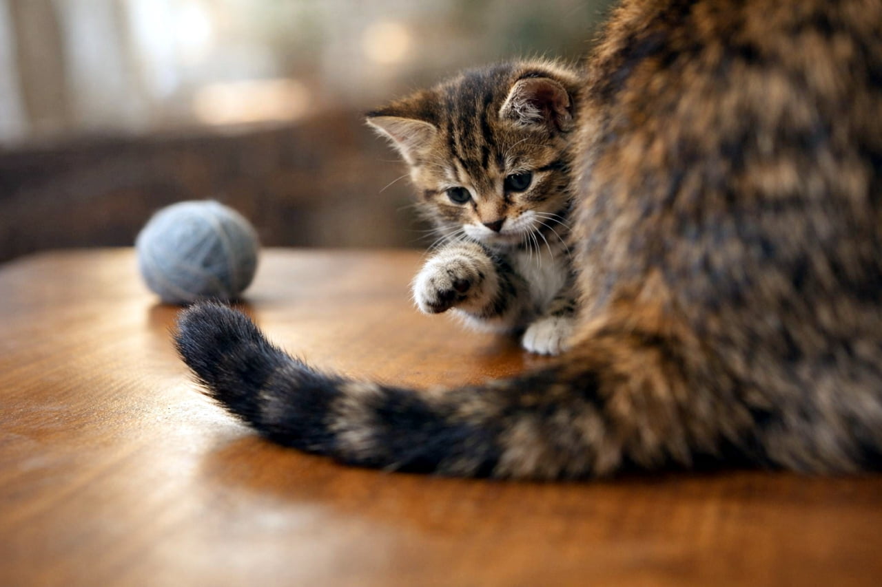 「次の一手、狙い定めたりっ！😼ママのしっぽは最高のおもちゃにゃん💖 #猫のいる暮らし #子猫 #キジトラ」An ultra-realistic high-quality photograph of a tiny tabby kitten stretching its paw to play with its mother's striped tail on a warm wooden table. The kitten has round, intense dark eyes, focused on the tail, with a soft-focused indoor background showing a gray yarn ball in the natural morning light. 温かみのある木製テーブルの上で、毛並みの美しいキジトラ（マッカレルタビー）の成猫のしっぽに向かって、小さな前足を伸ばしてじゃれつこうとするキジトラの子猫。子猫はくりくりとした暗い瞳でしっぽを真剣に見つめており、背景には淡い光が差し込み、左奥にグレーの毛糸玉が優しくボケています