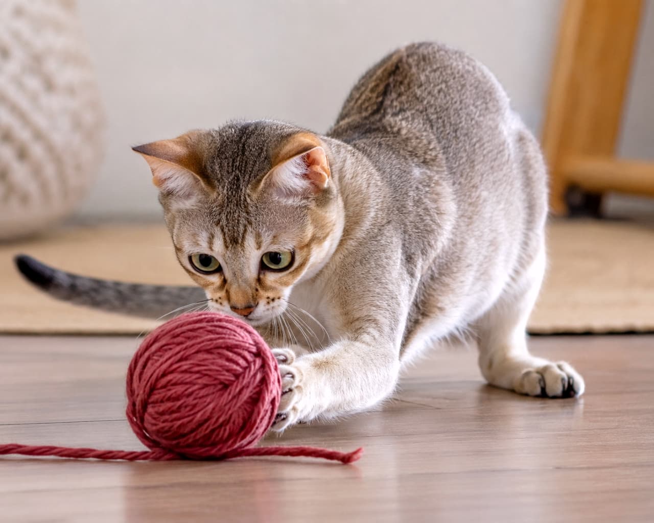 「赤い毛糸玉を見つけて大ハッスル🧶🐾 狙いを定める真剣な眼差しが最高にクールだよ🐈💨」Ultra-realistic high-quality photograph of a Singapura cat playing enthusiastically with a bright red ball of yarn on a wooden floor. Its dynamic pose and intensely focused green eyes capture a playful everyday moment. フローリングの床で、真っ赤な毛糸玉に前足を伸ばして夢中で遊ぶシンガプーラの写真。背中を少し丸めた躍動感のあるポーズと、ターゲットに集中する真剣なグリーンの瞳が、遊び心あふれる日常のワンシーンを切り取っている