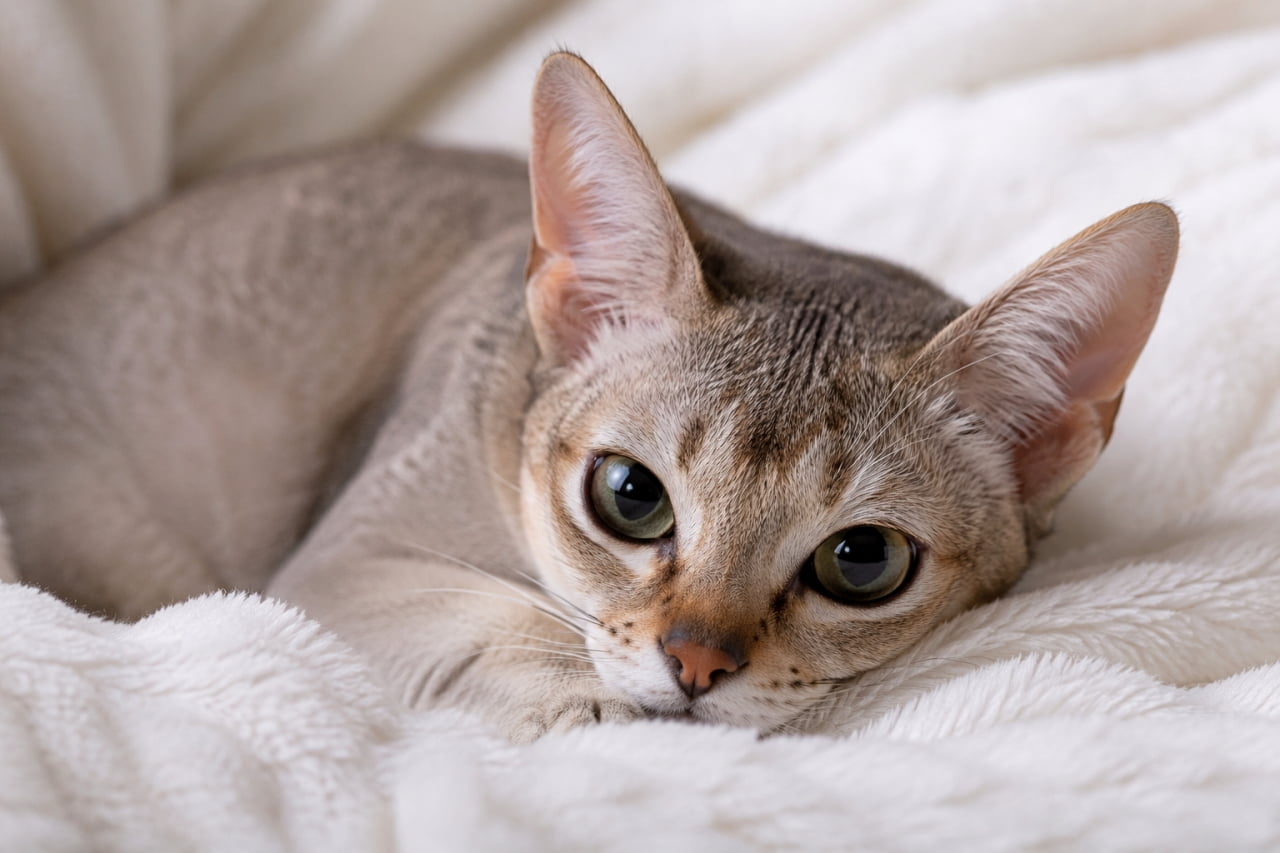 「ふわふわのお布団から出られないにゃ💤 寒い日はこうしてずっとゴロゴロしていたいよね🐾✨」Ultra-realistic high-quality photograph of a relaxed Singapura cat resting its head on a thick, fluffy white blanket. Its distinctive almond-shaped eyes with eyeliner markings and the M-shaped tabby pattern on its forehead are highlighted against the soft texture. 真っ白でボリュームのあるもこもこのブランケットに顔をうずめ、リラックスした様子でこちらを見上げるシンガプーラの写真。額のM字模様やアイラインの入った印象的なアーモンド型の瞳が、柔らかな素材感の中で一層引き立っている