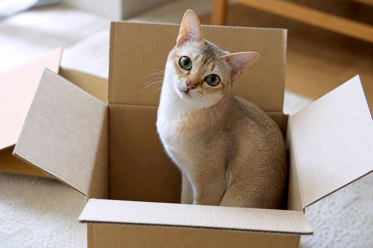 「お引越しの準備中?それとも新しいベッドを見つけたのかな📦🐾 箱入り娘(息子)の可愛さに負けちゃいます✨」Ultra-realistic high-quality photograph of a Singapura cat with a soft ivory coat sitting inside a cardboard box, tilting its head curiously and looking at the camera with large green eyes. 大きな段ボール箱の中にちょこんと座り、小首をかしげて不思議そうにこちらを見つめるシンガプーラの写真。象牙色の柔らかな被毛と、アイラインが際立つ大きなグリーンの瞳が印象的。自然光が猫の輪郭を優しく照らしている
