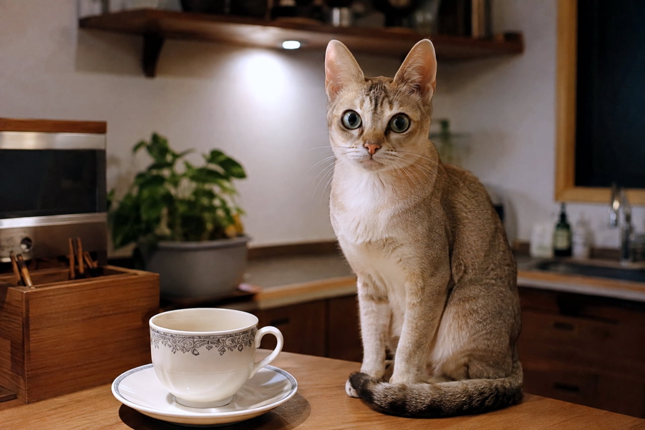 「午後のほっと一息ティータイム☕️ こんな可愛い相棒がいてくれたら、疲れも吹き飛んじゃうね🐾🌙」Ultra-realistic high-quality photograph of a Singapura cat sitting elegantly on a warmly lit kitchen counter next to an antique teacup. Its supple tail is wrapped around its paws, and its large round eyes gaze charmingly at the viewer. 暖かみのある照明に包まれた夜のキッチンカウンターに座り、アンティーク調のティーカップの横で上品にポーズをとるシンガプーラの写真。しなやかな尻尾を足元に巻きつけ、大きな丸い瞳でじっと見つめる姿が愛らしい