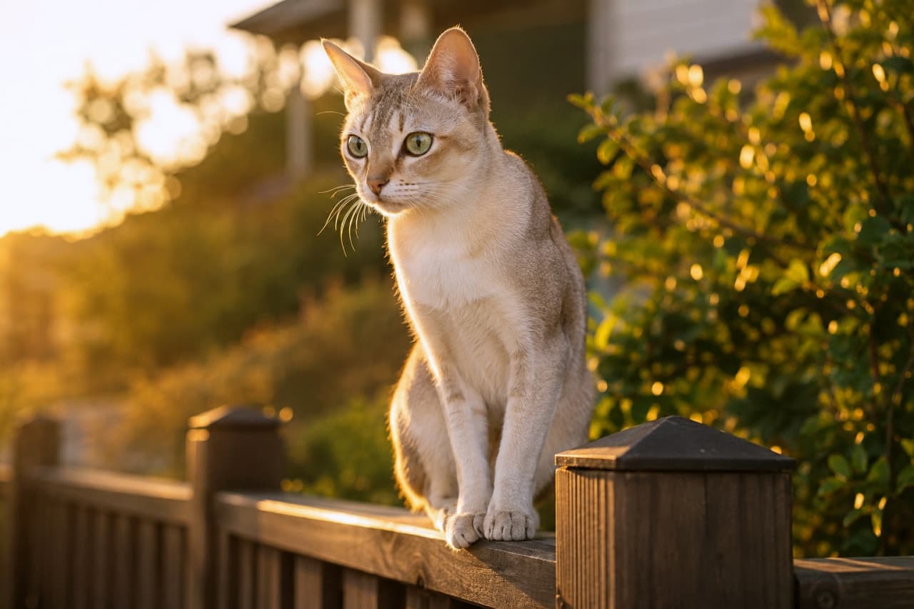 「夕暮れ時のパトロールはおセンチな気分🌅 たそがれる横顔の美しさに時間を忘れて見入っちゃう🐈✨」Ultra-realistic high-quality photograph of a Singapura cat sitting on a wooden fence against a beautiful golden sunset sky. The backlighting beautifully outlines its sepia agouti coat, creating a nostalgic and emotional atmosphere. 黄金色に染まる美しい夕焼け空を背景に、屋外の木の柵の上にちょこんと座るシンガプーラの写真。夕陽の逆光がセピアアグーティの被毛を神々しく縁取り、遠くを見つめる横顔がノスタルジックで叙情的な雰囲気を醸し出している