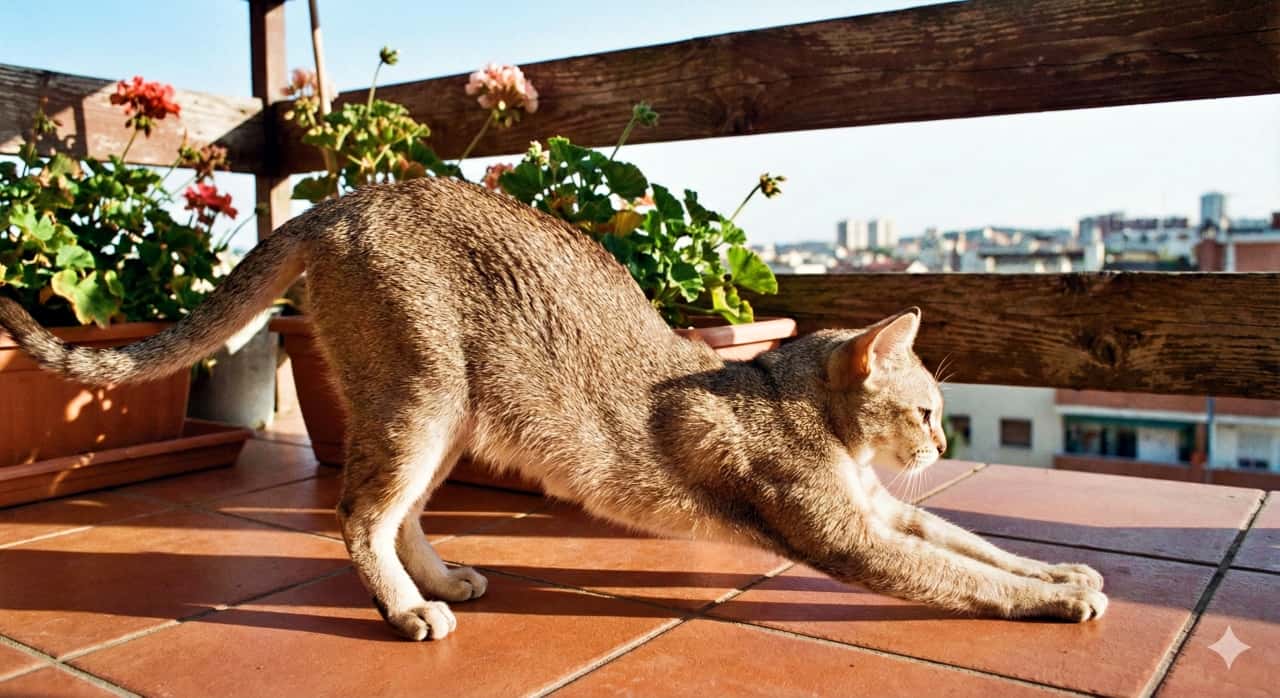A realistic photo of a Singapura cat stretching on a sunlit tiled balcony, its ticked coat glistening in the light. Surrounded by potted plants and flowers, with a clear cityscape in the background, the scene captures a peaceful moment of feline elegance in an urban setting. 日差しの差し込むタイル張りのバルコニーで伸びをするシンガプーラ猫のリアルな写真。ティックドタビーの毛並みが光を受けて輝き、鉢植えの草花に囲まれた背景には都市の景色が広がり、穏やかで優雅なひとときが描かれている