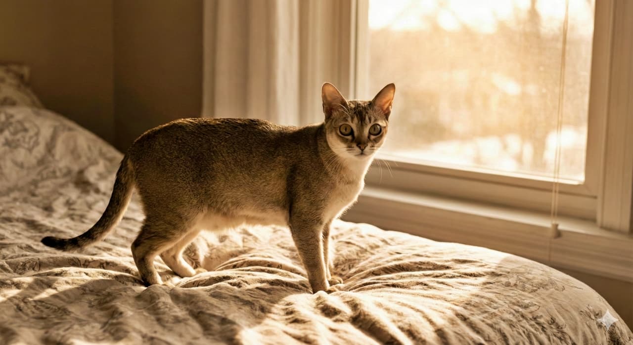 A Singapura cat with a sleek brownish-gray coat stands alert on a patterned bedspread, bathed in soft morning sunlight streaming through sheer curtains. The warm natural light casts gentle shadows, creating a serene and intimate bedroom scene. 滑らかな茶灰色の毛並みを持つシンガプーラ猫が、模様入りのベッドカバーの上に立ち、レースのカーテン越しに差し込む朝の柔らかな光に包まれている。穏やかな自然光が優しい影を落とし、静かで親密な寝室の雰囲気を演出している