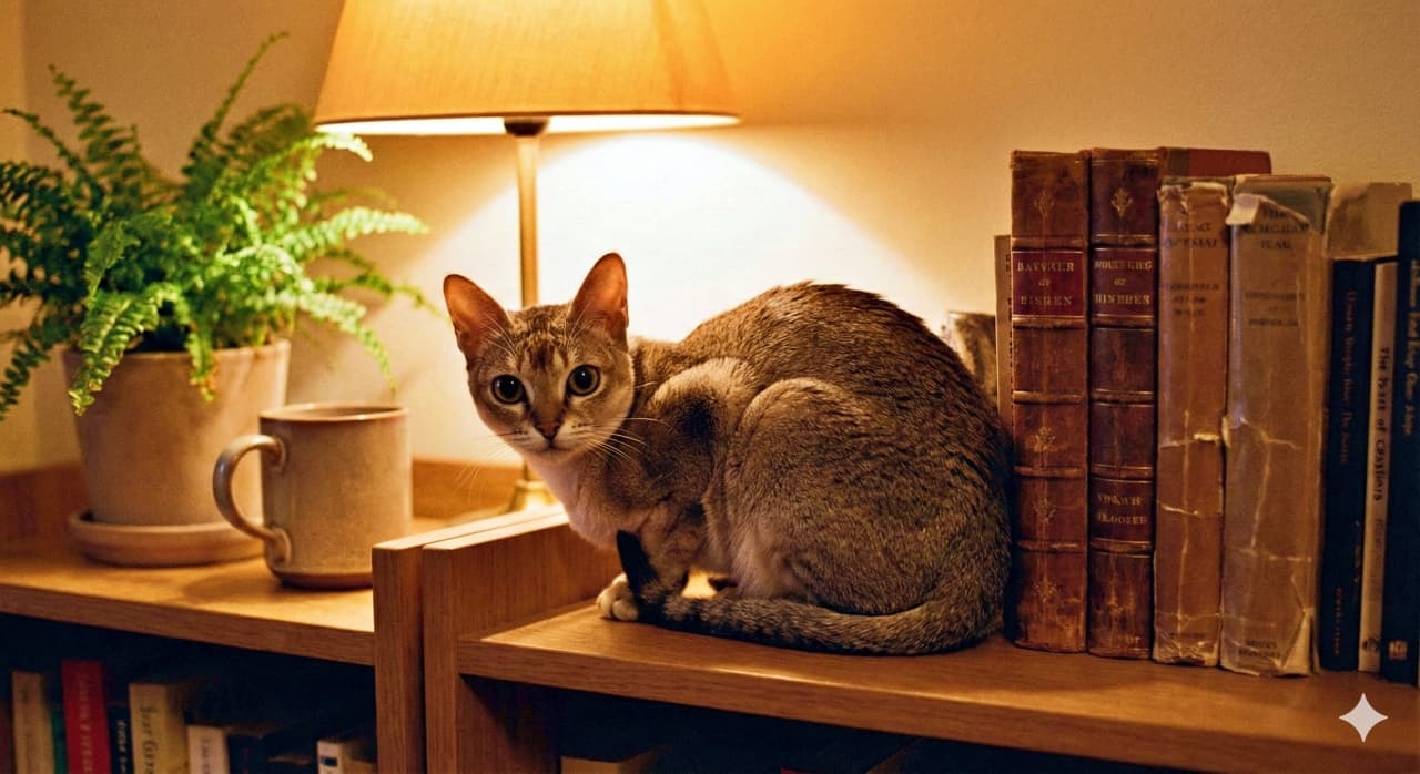 A realistic photo of a Singapura cat sitting on a wooden bookshelf beside vintage books with worn spines. Warm light from a nearby lamp creates a cozy atmosphere, complemented by a potted fern and ceramic mug, evoking a tranquil reading nook. 木製の本棚に座るシンガプーラ猫のリアルな写真。使い込まれた背表紙の古書の隣に位置し、ランプの暖かな光が空間を包み込む。観葉植物やマグカップが添えられ、静かな読書空間の雰囲気が漂っている