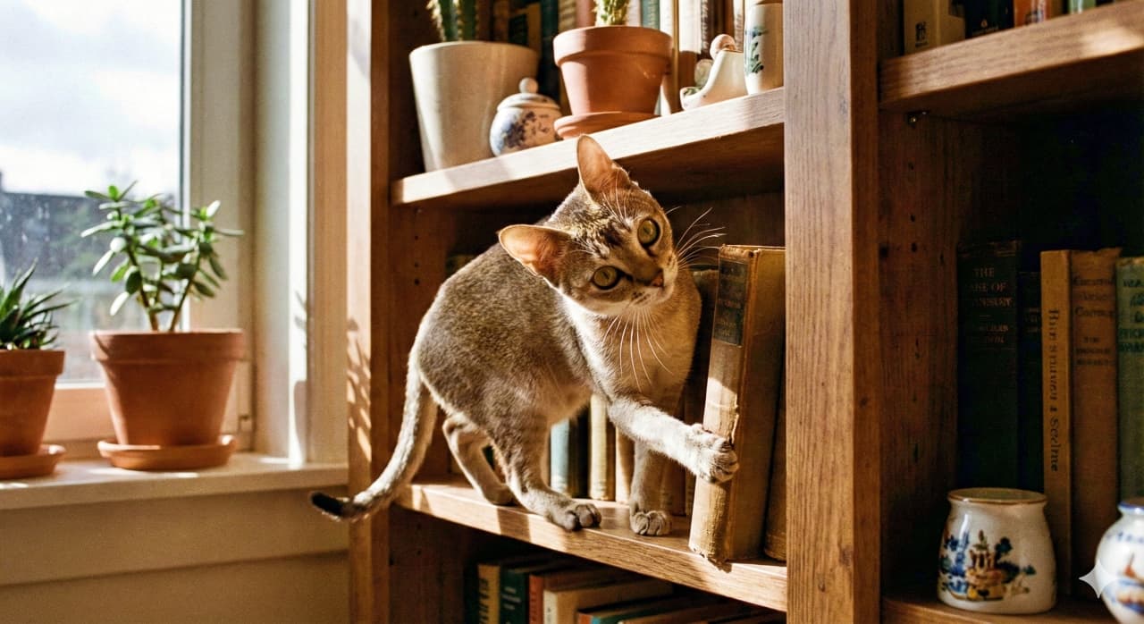 A Singapura cat with a sleek light brown coat stands on a wooden bookshelf, curiously inspecting a book among ceramic pots and figurines. Sunlight streams through a nearby window, illuminating potted plants and casting warm light across the cozy indoor scene. 滑らかなライトブラウンの毛並みを持つシンガプーラ猫が木製の本棚の上に立ち、陶器の鉢や置物に囲まれながら本を興味深く覗き込んでいる。窓から差し込む陽光が観葉植物を照らし、室内に温かみのある光を注いでいる