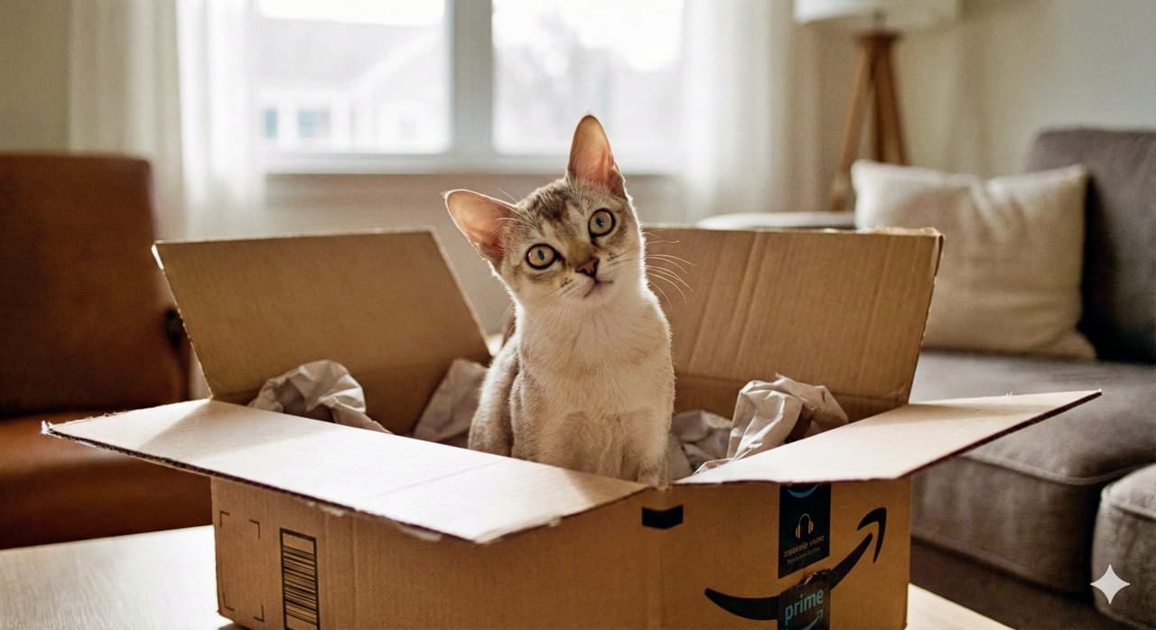 A Singapura cat sits snugly inside a cardboard box, tilting its head slightly with a curious gaze. Soft indoor lighting enhances the cozy living room setting with cushions, curtains, and warm tones. シンガプーラの猫が段ボール箱の中にちょこんと座り、首を少しかしげてこちらを見つめている。クッションやカーテンがある室内は、柔らかな光に包まれた温もりある空間