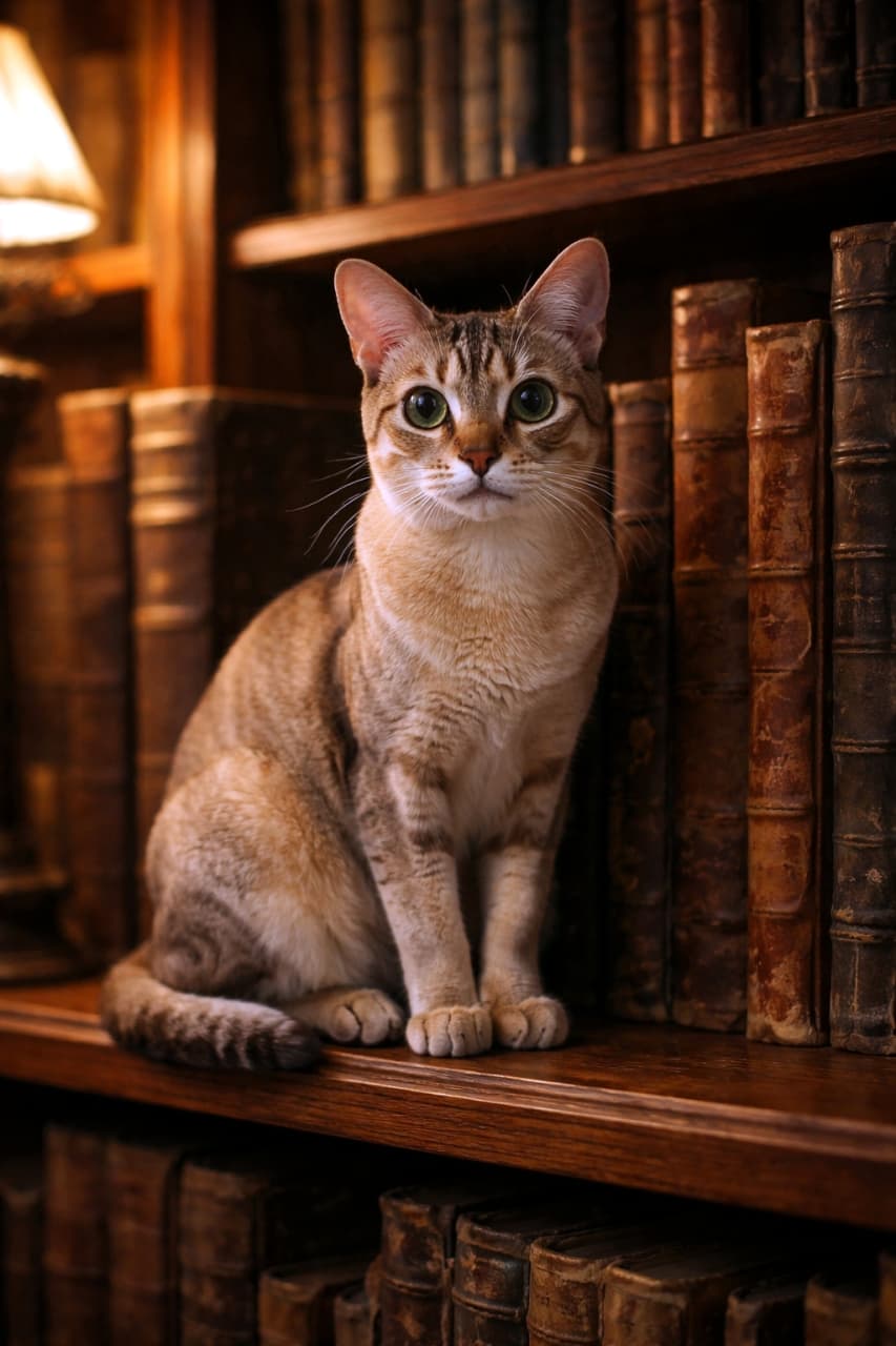 「古書に囲まれてちょこんと佇むシンガプーラ。やわらかな灯りと静かな空気感が心地よく、思わず見入ってしまう一枚です🐾」A photorealistic Singapura cat sitting on a wooden bookshelf filled with old, worn books, illuminated by warm, cozy lighting, with soft shadows and detailed fur texture. 古びた本が並ぶ木製の本棚の上に座るシンガプーラ猫。暖かく落ち着いた照明に包まれ、柔らかな影と毛並みの質感が際立つリアルな描写