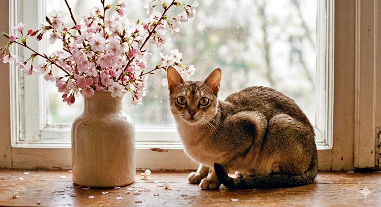 A Singapura cat sits beside a ceramic vase filled with cherry blossoms on a wooden windowsill, bathed in soft spring light with realistic detail. シンガプーラ猫が木製の窓辺で桜の花が生けられた陶器の花瓶の隣に座り、春の柔らかな光に包まれてリアルに描写されている