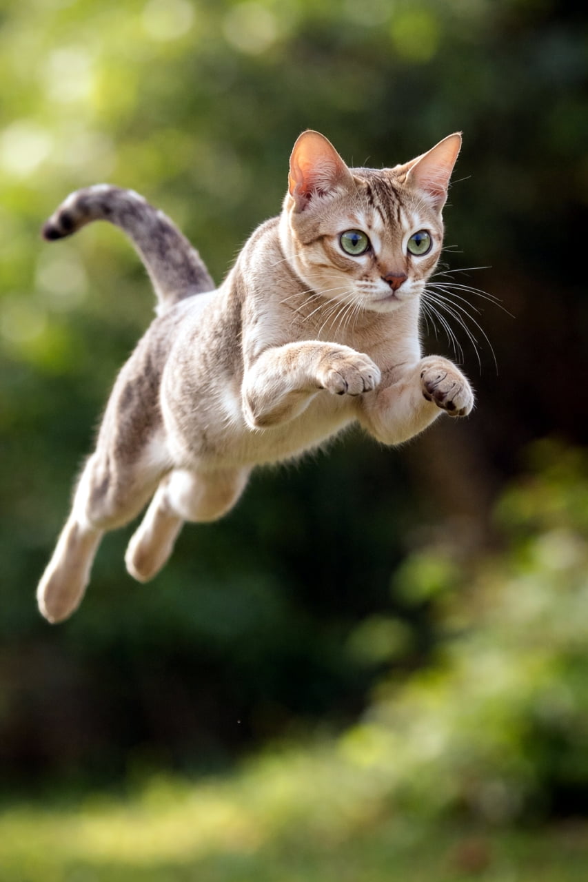 「ジャンプの一瞬を完璧にキャッチ！軽やかに宙を舞うシンガプーラの俊敏さと可愛さが同時に楽しめる一枚です🐈✨」A Singapura cat captured mid-leap in sharp focus, with its body fully extended and a softly blurred green background highlighting the motion. ジャンプの瞬間を捉えたシンガプーラ猫が宙に浮かび、背景は柔らかくぼかされた躍動感のある写真
