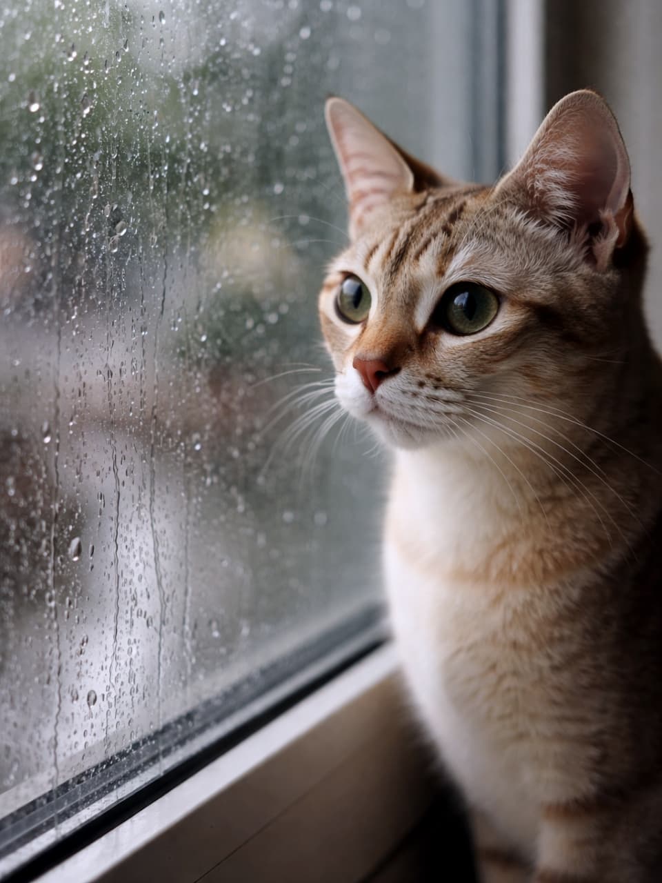 「雨粒越しの世界に興味津々なシンガプーラ。静かな時間の中で、外の気配をじっと見つめる横顔が印象的です🐾」A Singapura cat gazing out of a rain-covered window, with soft focus background and gentle natural light 雨に濡れた窓越しに外を見つめるシンガプーラ猫、背景はやわらかなボケと自然光