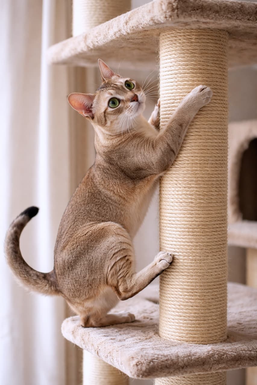「ガリガリッ！キャットタワーで元気いっぱいに爪とぎ中🧗‍♀️✨小さな体でもとってもパワフルですね😆🐾」Ultra-realistic high-quality photograph of an active Singapura cat clinging to and scratching a tall sisal rope post on a cat tree, looking upwards. ベージュのキャットタワーの麻紐が巻かれた柱にしっかりとしがみつき、爪とぎをしながら上を見上げているアクティブなシンガプーラの超高画質写真