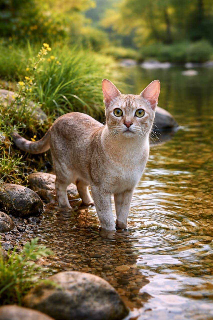 「お水なんてへっちゃらニャ🐾自然の中で冒険中のアクティブな姿がとっても凛々しいですね🌿✨」Ultra-realistic high-quality photograph of a beautiful Singapura cat standing in shallow river water surrounded by lush greenery, looking at the camera. 緑豊かな自然の中、浅い川（または池）の水辺に立ち、大きな瞳でカメラを見つめているシンガプーラの超高画質写真。透明な水面には猫の足元が美しく反射している