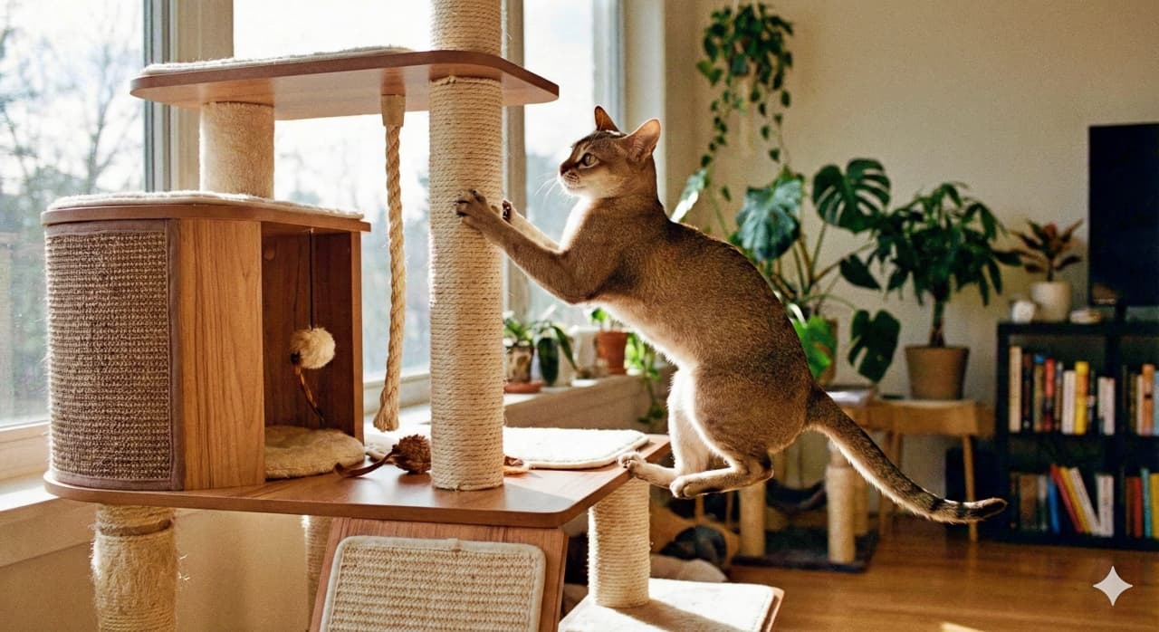 A Singapura cat with a sleek light brown coat grips a vertical post of a multi-level cat tree mid-motion, climbing upward with focused energy. Sunlight streams through a nearby window, illuminating the cozy room filled with potted plants and bookshelves. 滑らかなライトブラウンの毛並みを持つシンガプーラ猫が、マルチレベルのキャットタワーの縦柱をしっかりと掴み、登る途中の動きを見せている。窓から差し込む自然光が、観葉植物や本棚のある居心地の良い室内を明るく照らしている