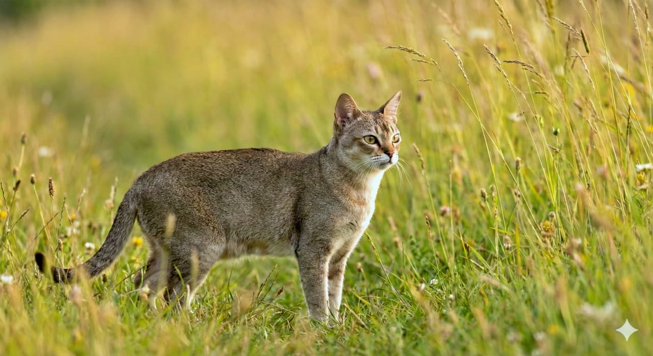 A Singapura cat stands alert in a field of tall grass, bathed in soft natural light. Its sleek coat and attentive gaze blend harmoniously with the serene outdoor setting. シンガプーラの猫が背の高い草原に立ち、柔らかな自然光に包まれている。滑らかな毛並みと鋭い視線が、穏やかな野外の風景に溶け込む