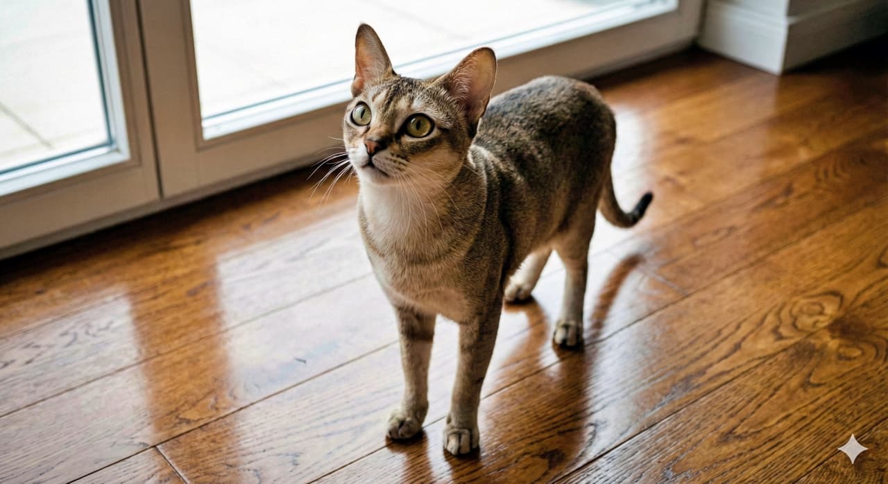 A realistic photo of a Singapura cat standing alertly on a polished wooden floor near a glass door, looking upward with curious green eyes. Natural light casts soft reflections on the floor, highlighting the cat’s sleek coat and expressive posture. 磨かれた木製フロアの上に立ち、好奇心に満ちた緑の瞳で見上げるシンガプーラ猫のリアルな写真。ガラス扉から差し込む自然光が床に柔らかな反射を生み、猫の滑らかな毛並みと表情豊かな姿勢を際立たせている